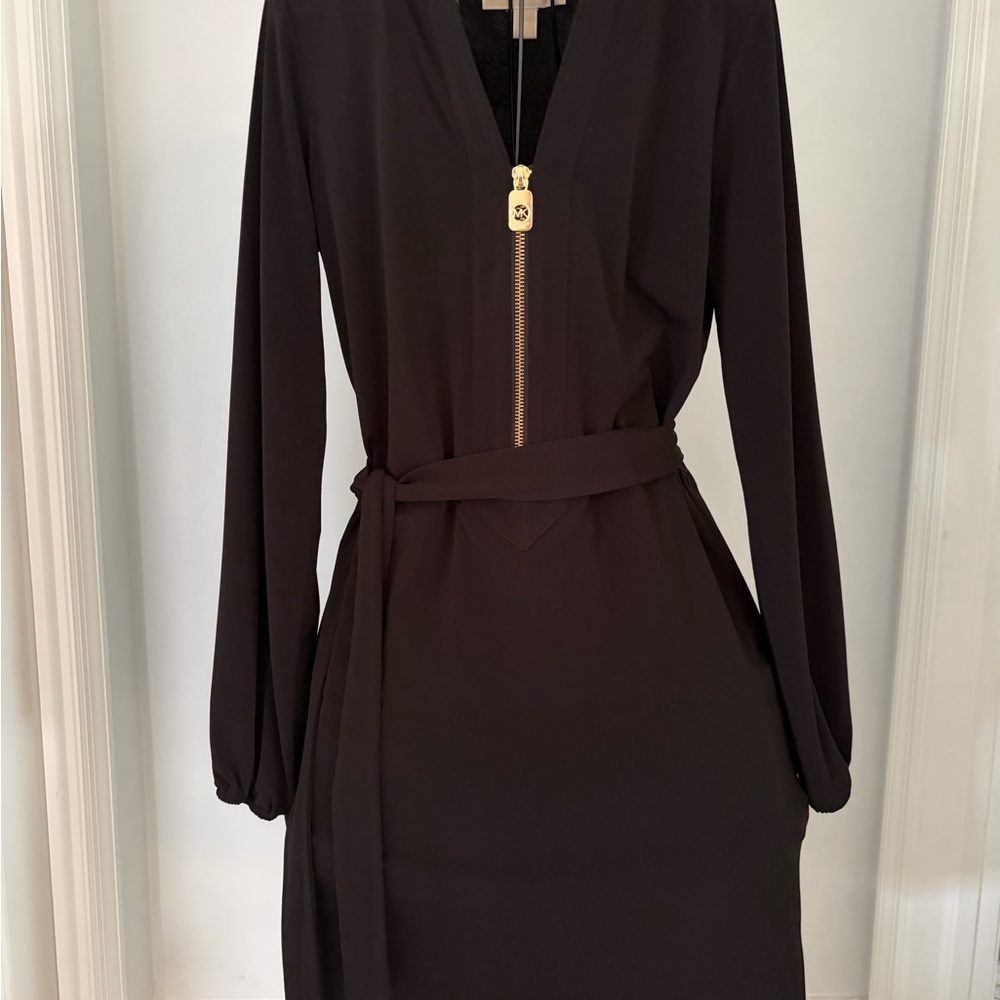 Michael Kors Black Long-Sleeve Dress with Gold Zip Detail